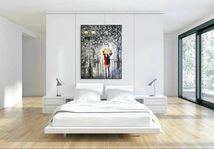 Canvas Art "Lovers under the one umbrella" Palette Knife Painting Black White Red Blue - Click Image to Close